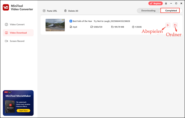 Wechseln Sie zu Abgeschlossen, sehen Sie sich das Video durch Klicken auf Wiedergabe an, und finden Sie das Video durch Klicken auf das Ordnersymbol im MiniTool Video Converter