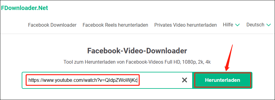 Fügen Sie den Facebook-Videolink ein und klicken Sie auf Herunterladen, um das Video in FDownloader.Net zu analysieren