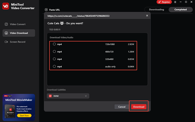 Select the download format and quality, and click on Download to start downloading the Twitter video with MiniTool Video Converter
