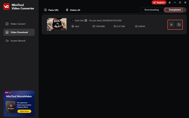 Click the play icon to play the video or click the folder icon to locate the Twitter video under the Completed tab of MiniTool Video Converter