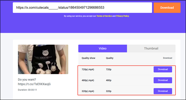 Choose the video quality and click the Download button on viddown.net