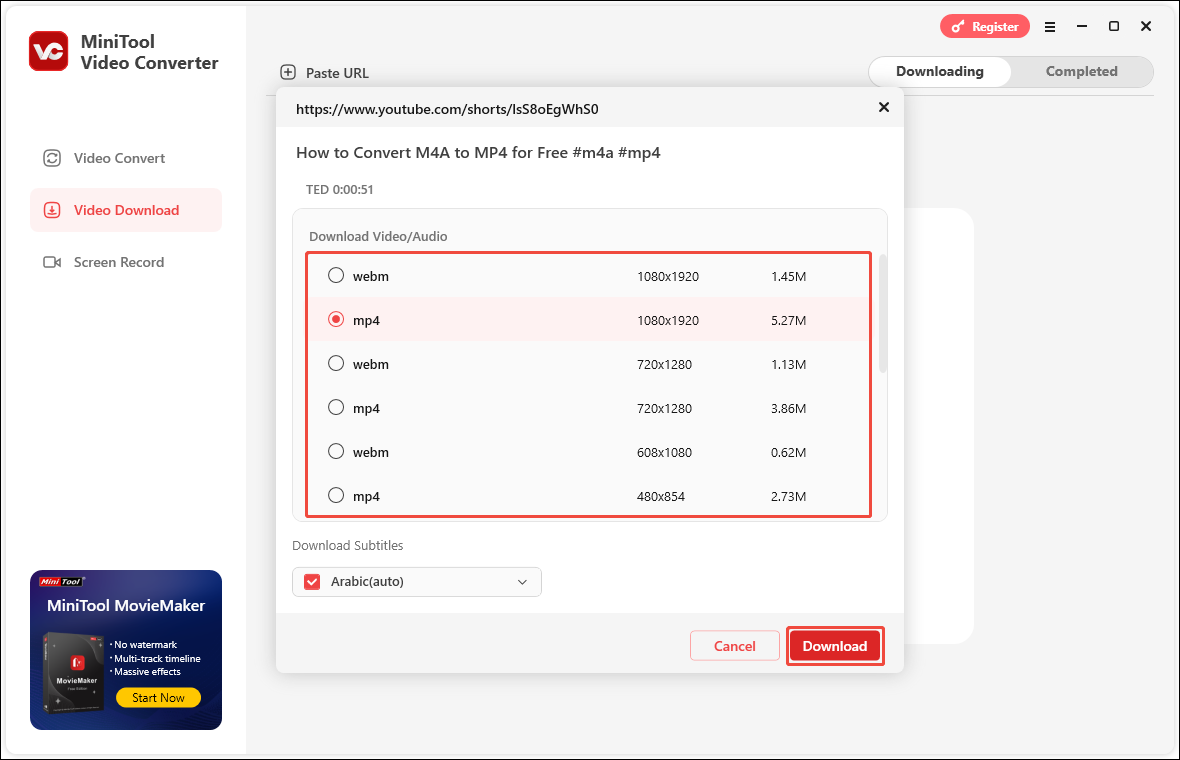 Choose an output format and click on Download in MiniTool Video Converter