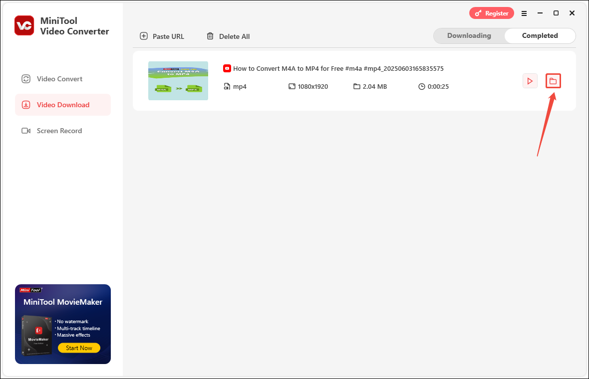 In the MiniTool Video Converter’s Completed tab, click the folder icon to navigate to the save location