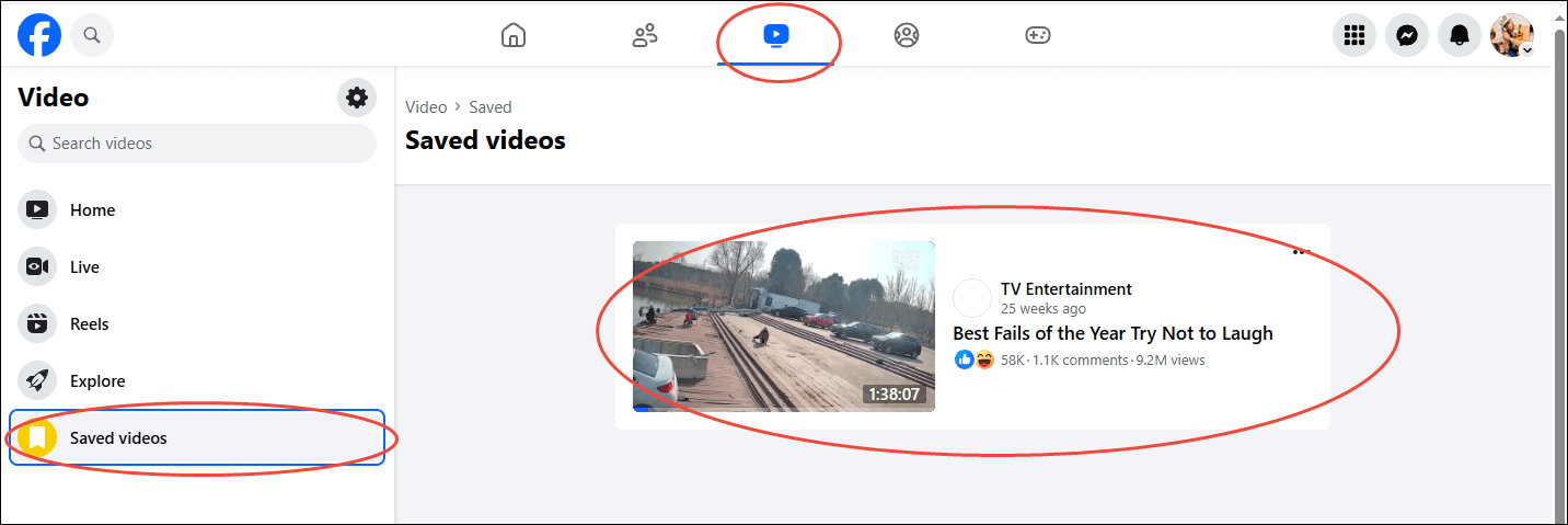 Switch to the Video tab and click on Saved videos in Facebook to locate the saved Facebook video
