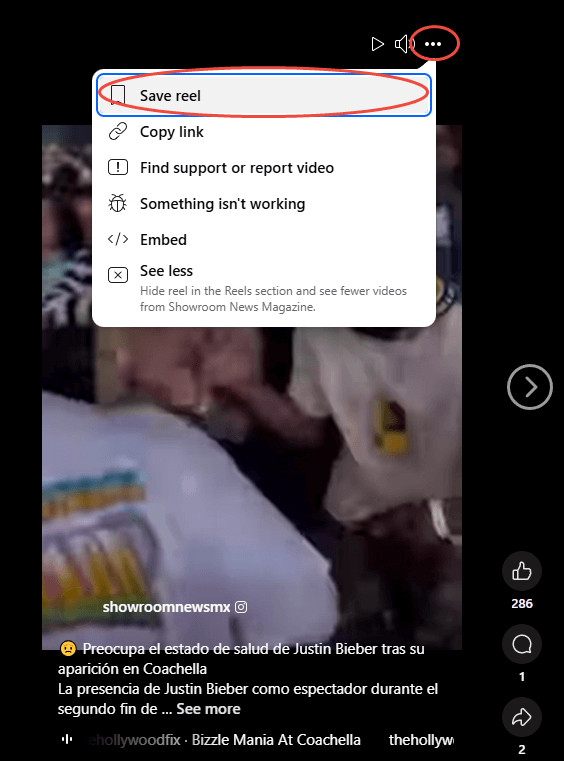 Click on the three-dot icon for the specific reel video in Facebook and choose Save reel to save the Facebook reel