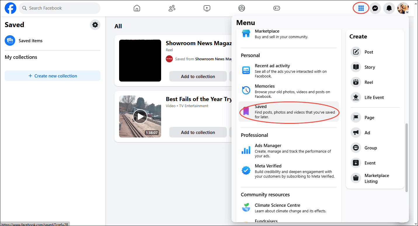 Click on the Menu icon in the upper left of the main window in Facebook and click on Save to locate the Reel that you have saved