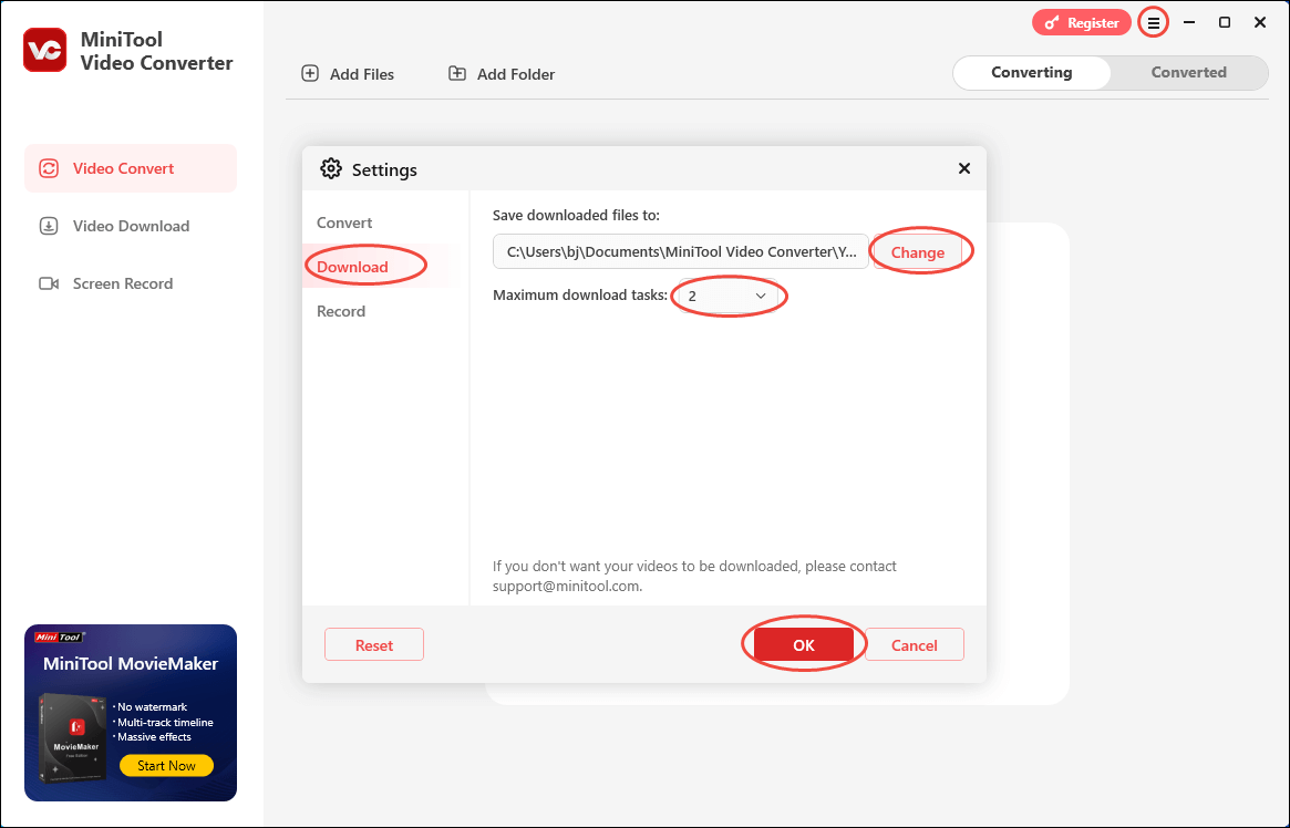 Configure the downloading settings in MiniTool Video Converter