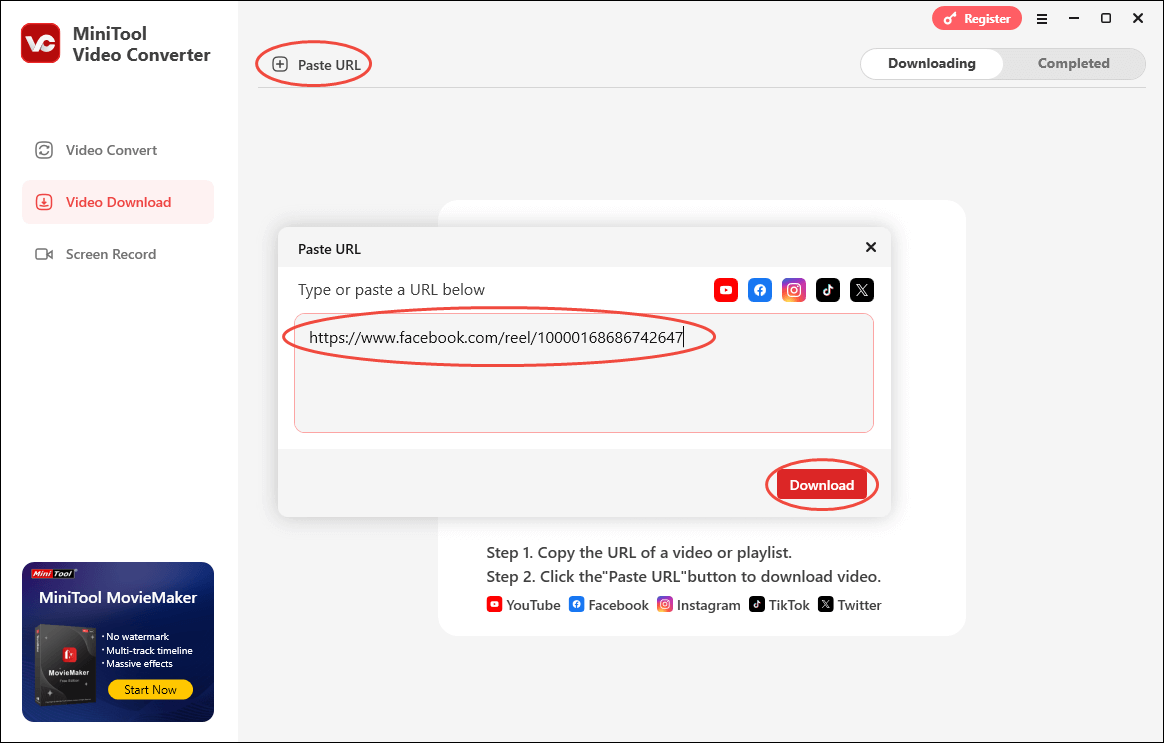 Paste the Facebook video link into the text and click on Download in MiniTool Video Converter to access the output format window