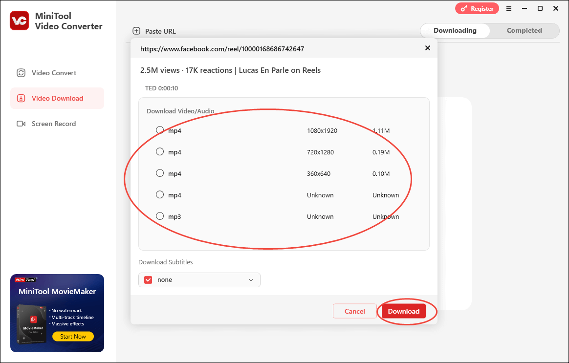 Choose the output format you want and click on Download in MiniTool Video Converter to start getting the video from Facebook