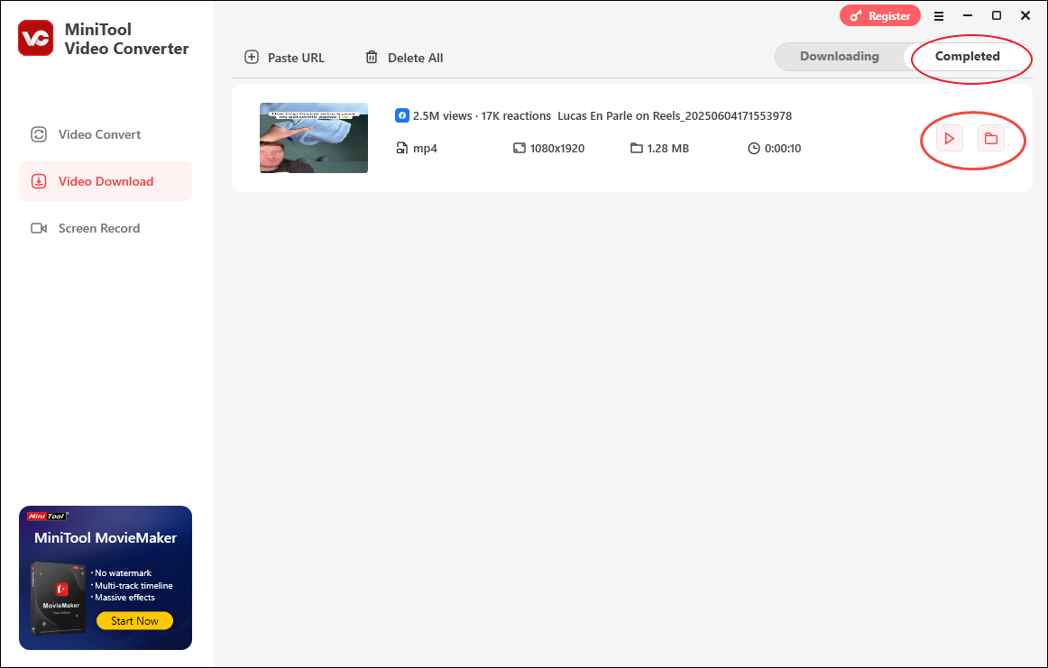 Click on the play icon or folder icon in MiniTool Video Converter to manage the video that you have gotten from Facebook