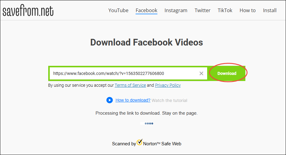 Click on Download in SaveFrom.net to analyze the download link of the Facebook video