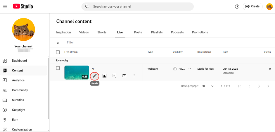 Click the Details icon on the video to change its archive settings in YouTube Studio