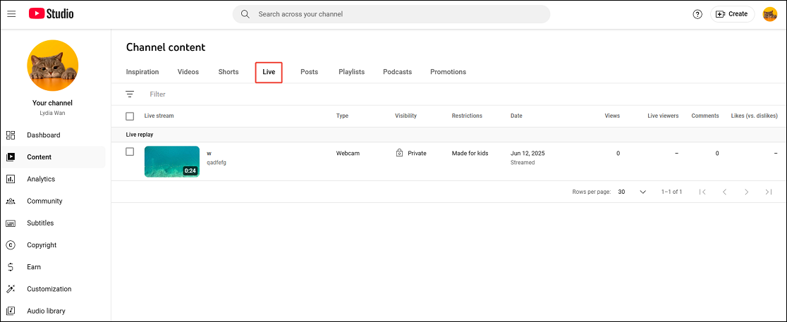 Select the Live tab at the top of the Content page within YouTube Studio