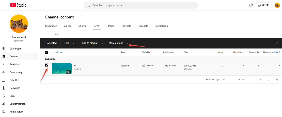 Select the live stream and click on More actions in YouTube Studio