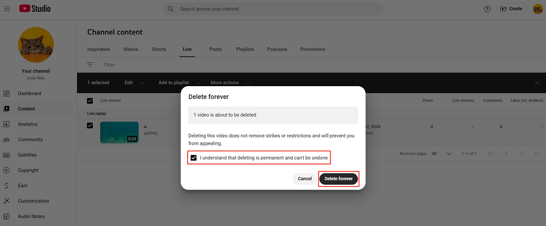 Confirm the deletion and click the Delete forever button to finalize the deletion