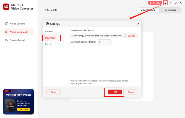 Choose the output save path and set the maximum number of simultaneous download tasks in the Settings window of MiniTool Video Converter