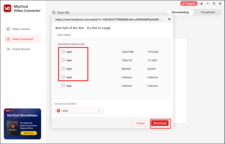 Choose an output format in MiniTool Video Converter’s Video Download section