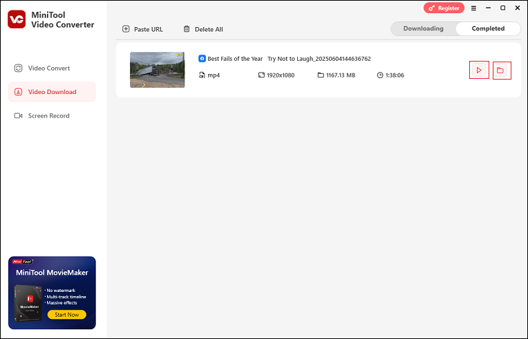 Click on the Player icon or Folder icon in MiniTool Video Converter to manage the video saved from Facebook