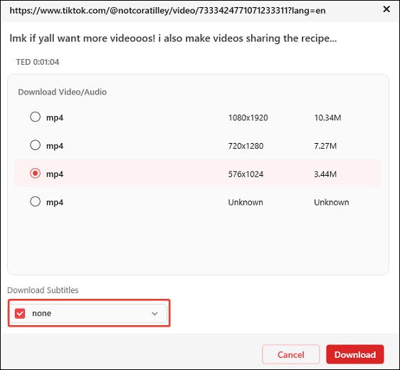 Choose an output format for the downloaded video, check the box to download subtitles, and click