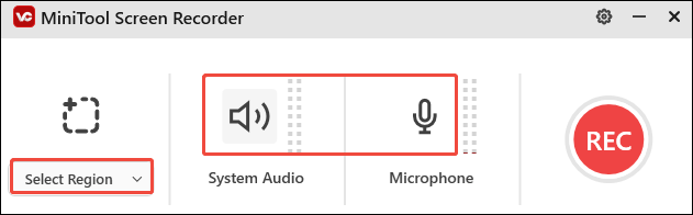 Click the inverted arrow to choose Select Region and turn on System Audio and Microphone in MiniTool Screen Recorder