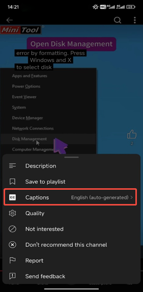 Choose the Captions option on the YouTube app