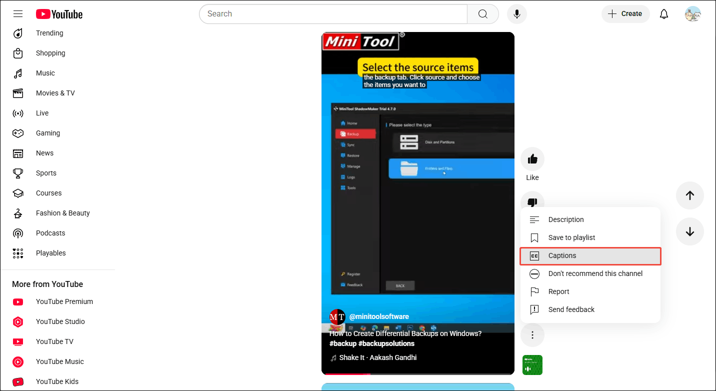 Choose the Captions option on the YouTube website