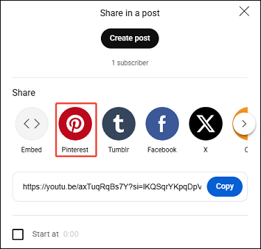 Select Pinterest from the shown options on YouTube to share the video on Pinterest