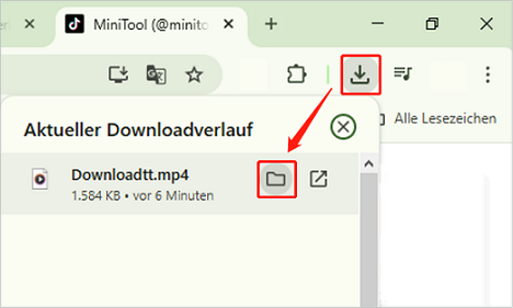 heruntergeladenes TikTok-Video im Ordner anzeigen, indem Sie in Ihrem Browser oben rechts auf das Downloadsymbol klicken
