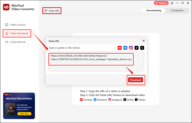klicken Sie in MiniTool Video Converter auf „Video herunterladen“ und dann auf „URL einfügen“, um den kopierten Link des TikTok-Videos einzufügen