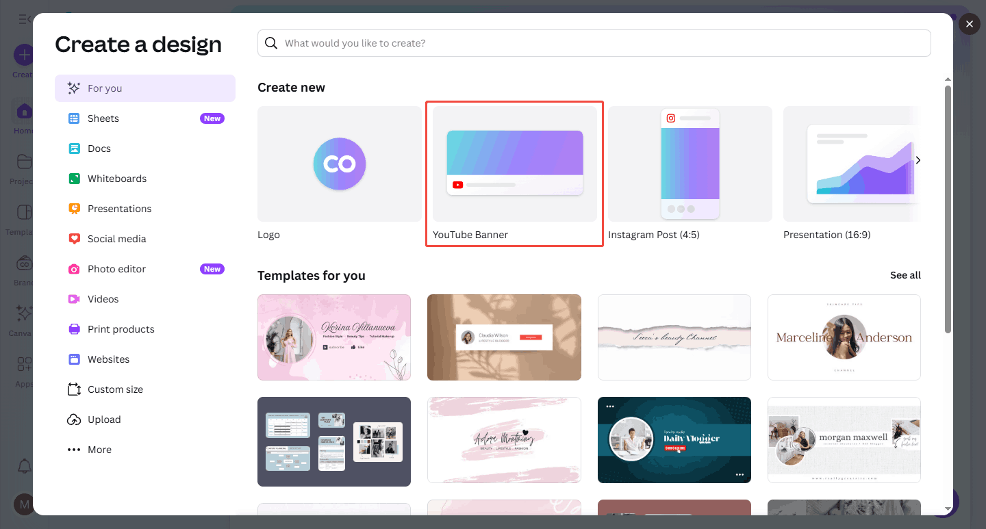 Choose the YouTube banner option in Canva