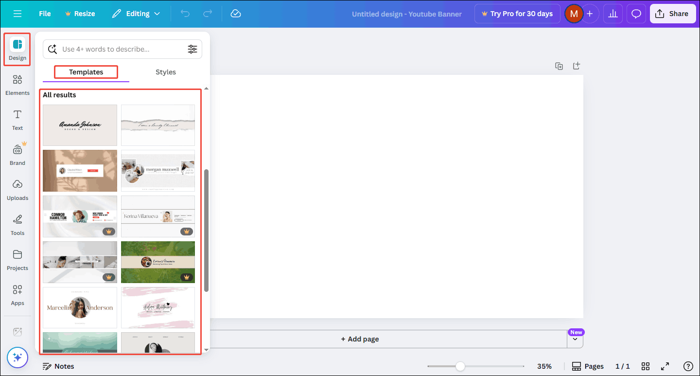 Click the Design tab, choose Template, and choose a template you like in Canva