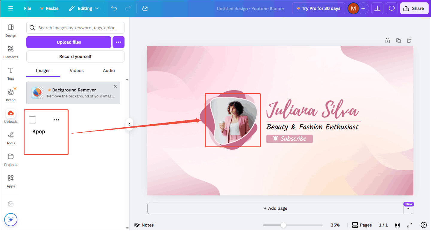 Drag your uploaded picture to the template in Canva