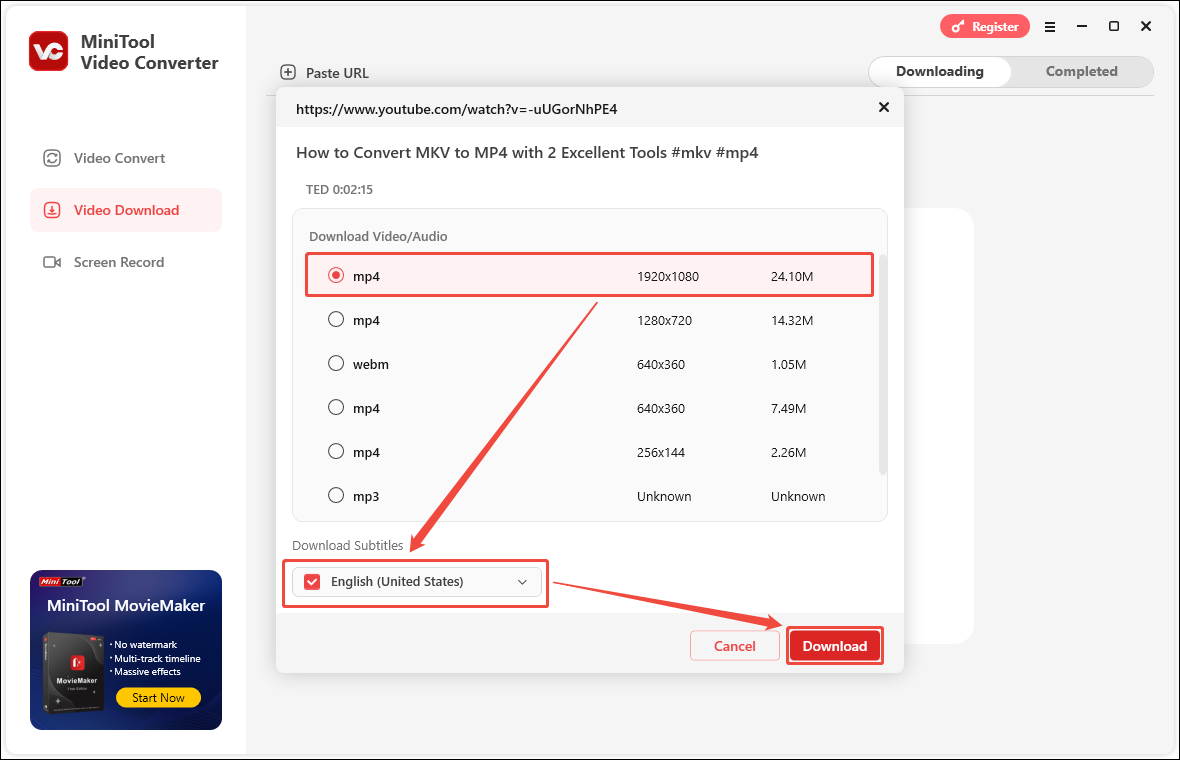 Choose the output format, select the subtitle option, and click on Download in MiniTool Video Converter