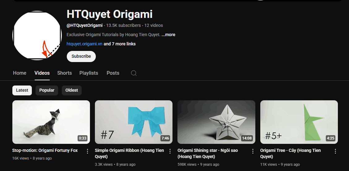 The channel homepage of HTQuyet Origami