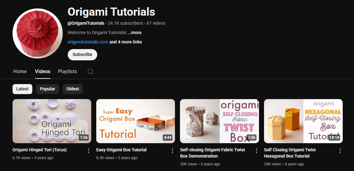 The channel homepage of Origami Tutorials