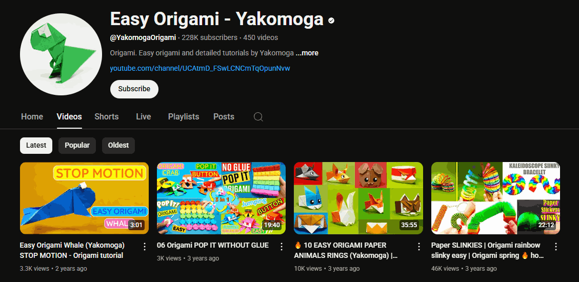 The channel homepage of Easy Origami – Yakomoga