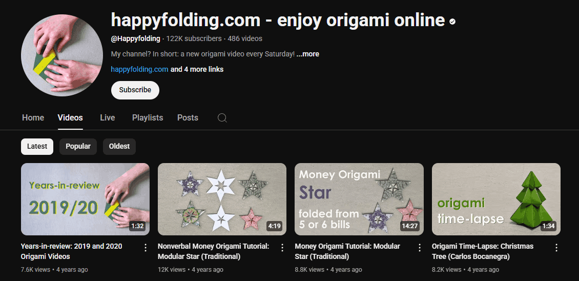 The channel homepage of happyfolding.com - enjoy origami online