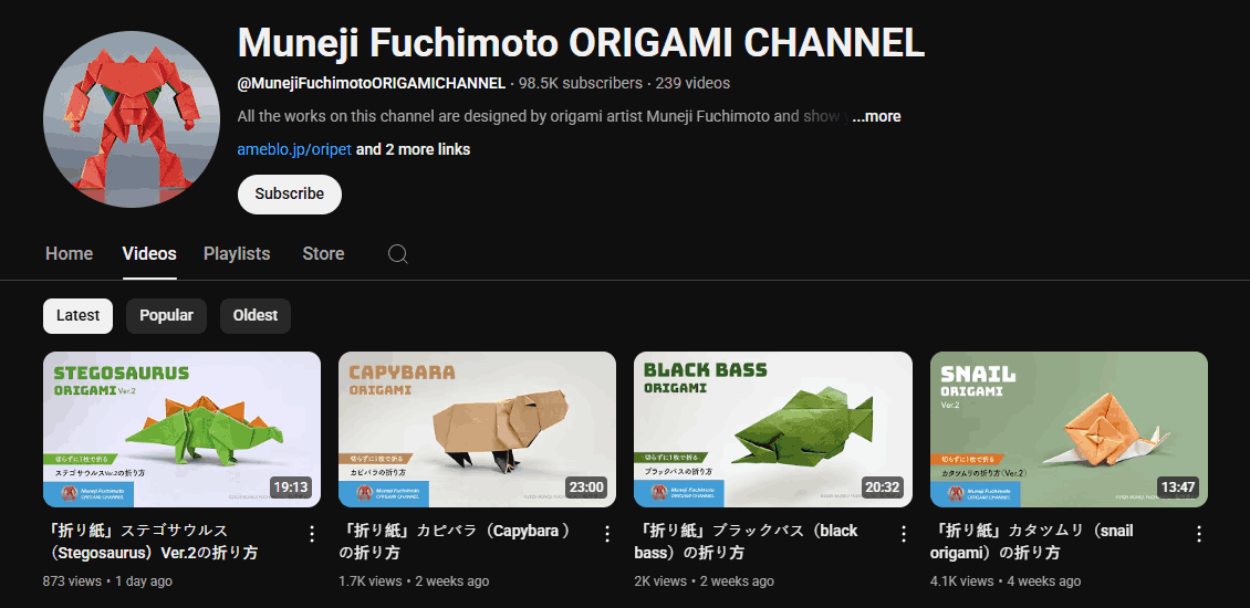 The channel homepage of Muneji Fuchimoto ORIGAMI CHANNEL