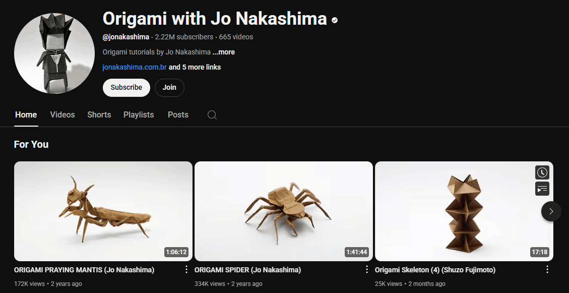 The channel homepage of Origami with Jo Nakashima