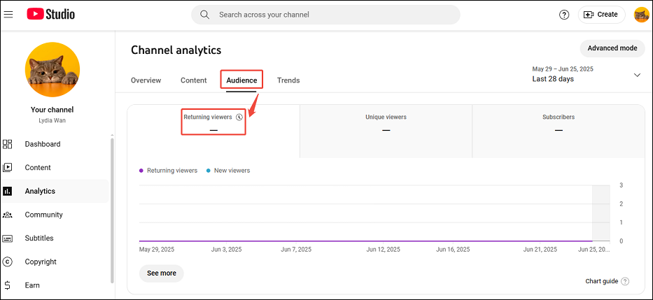 Click on the Audience tab and view the Returning viewers data in YouTube Studio