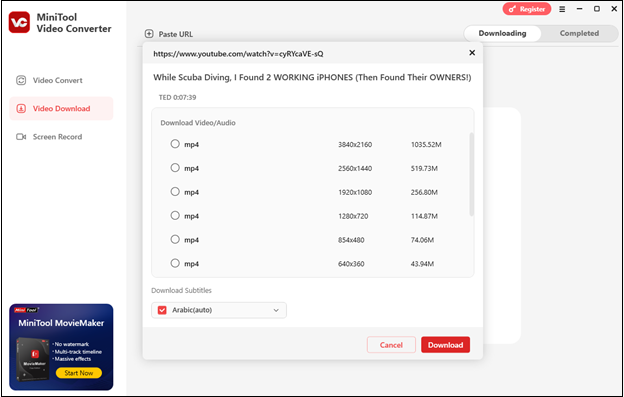 Download the scuba YouTube video with MiniTool Video Converter