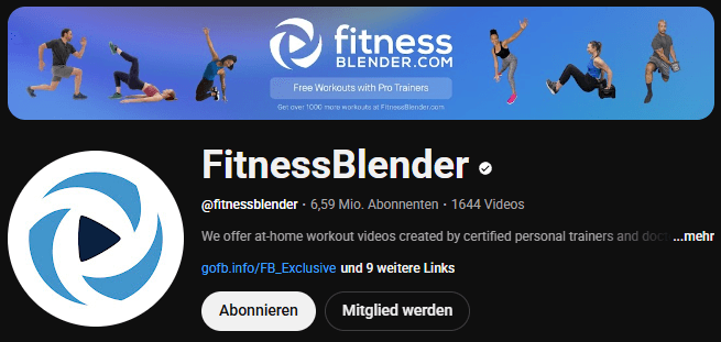 Die YouTube-Kanal-Startseite von FitnessBlender