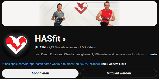 Die YouTube-Kanal-Startseite von HASfit