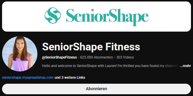 Die YouTube-Kanal-Startseite von SeniorShape Fitness