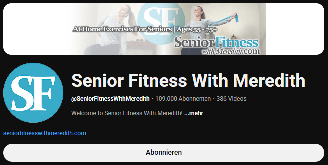 Die YouTube-Kanal-Startseite von Senior Fitness With Meredith