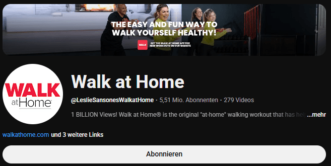 Die YouTube-Kanal-Startseite von Walk at Home