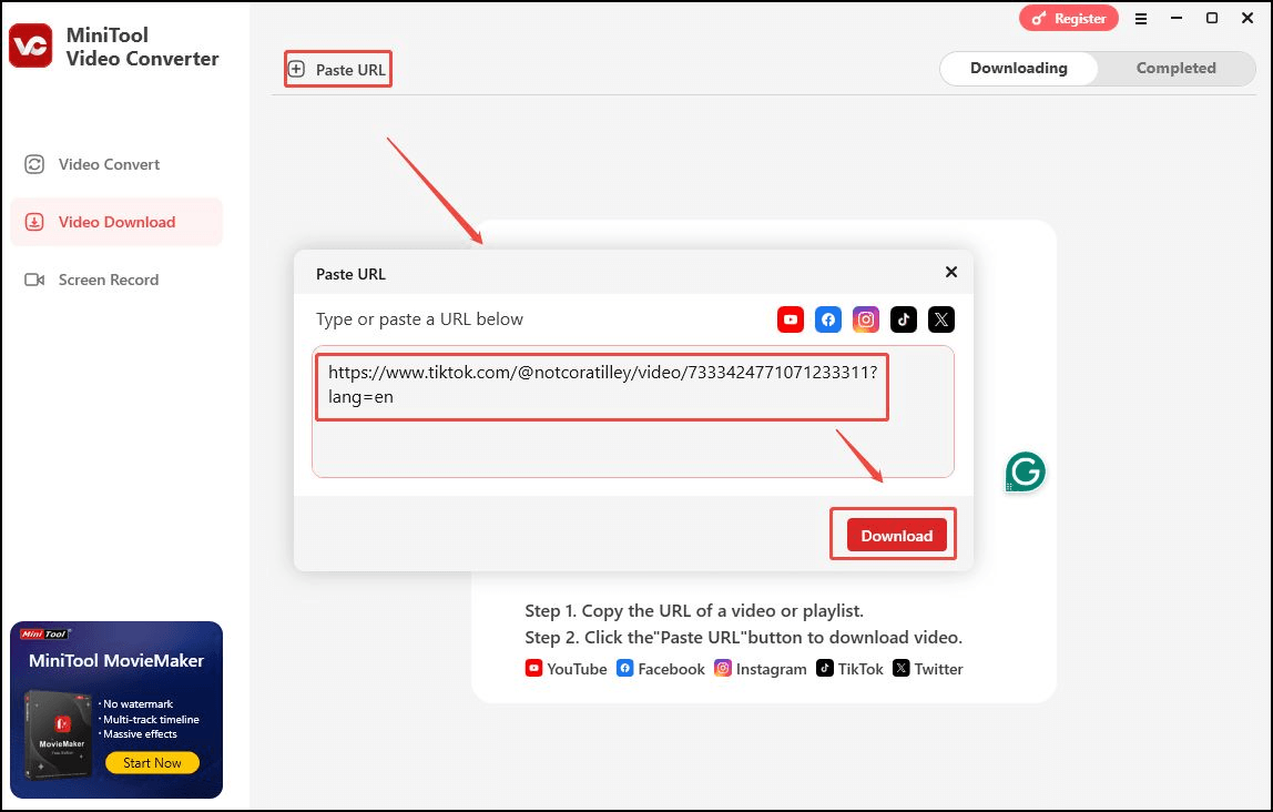 Klicken Sie auf URL einfügen, fügen Sie den kopierten TikTok-Link in das Pop-up-Fenster ein und klicken Sie auf Herunterladen