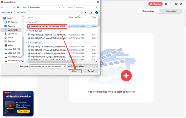 Find the downloaded TikTok video and click on Open to import it into MiniTool Video Converter