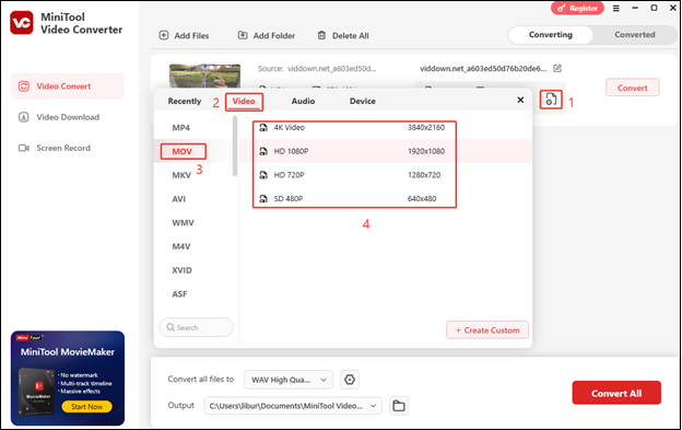 Click on the Settings icon, switch to Video, find MOV, and choose a proper resolution in MiniTool Video Converter