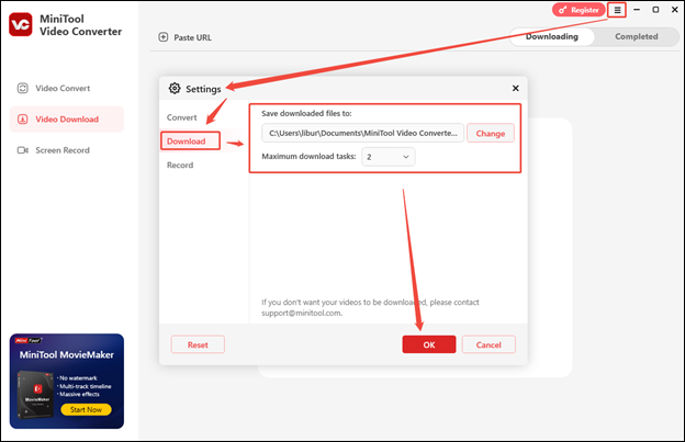 Click on the more icon > Settings > Download, change the save position, and click on OK to save changes in MiniTool Video Converter
